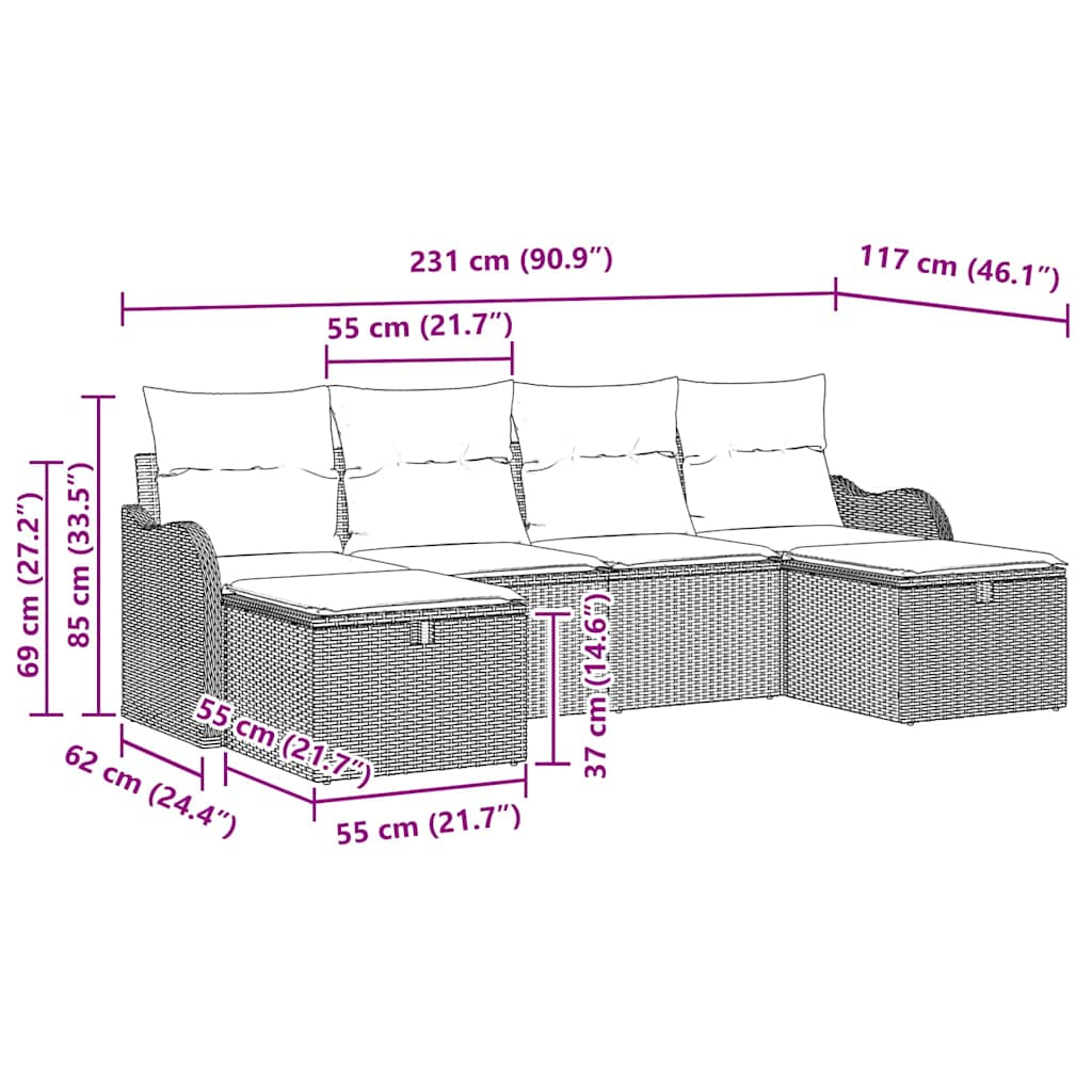 Sofa Set mit Kissen 6 pcs Beige und Creme Poly-Rattan