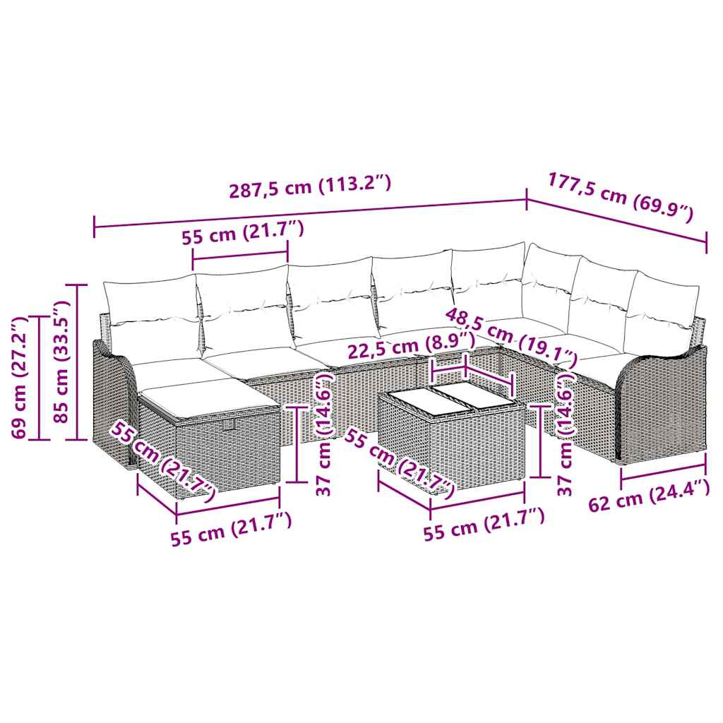 Sofa Set mit Kissen mit Speicher 9 pcs Grau Poly-Rattan