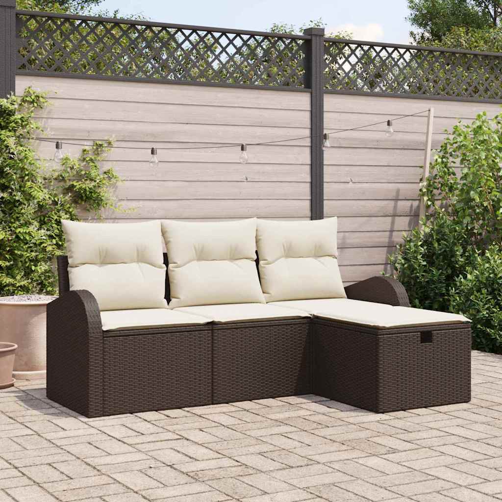 Sofa Set mit Kissen 4 pcs Braun und Creme Poly-Rattan