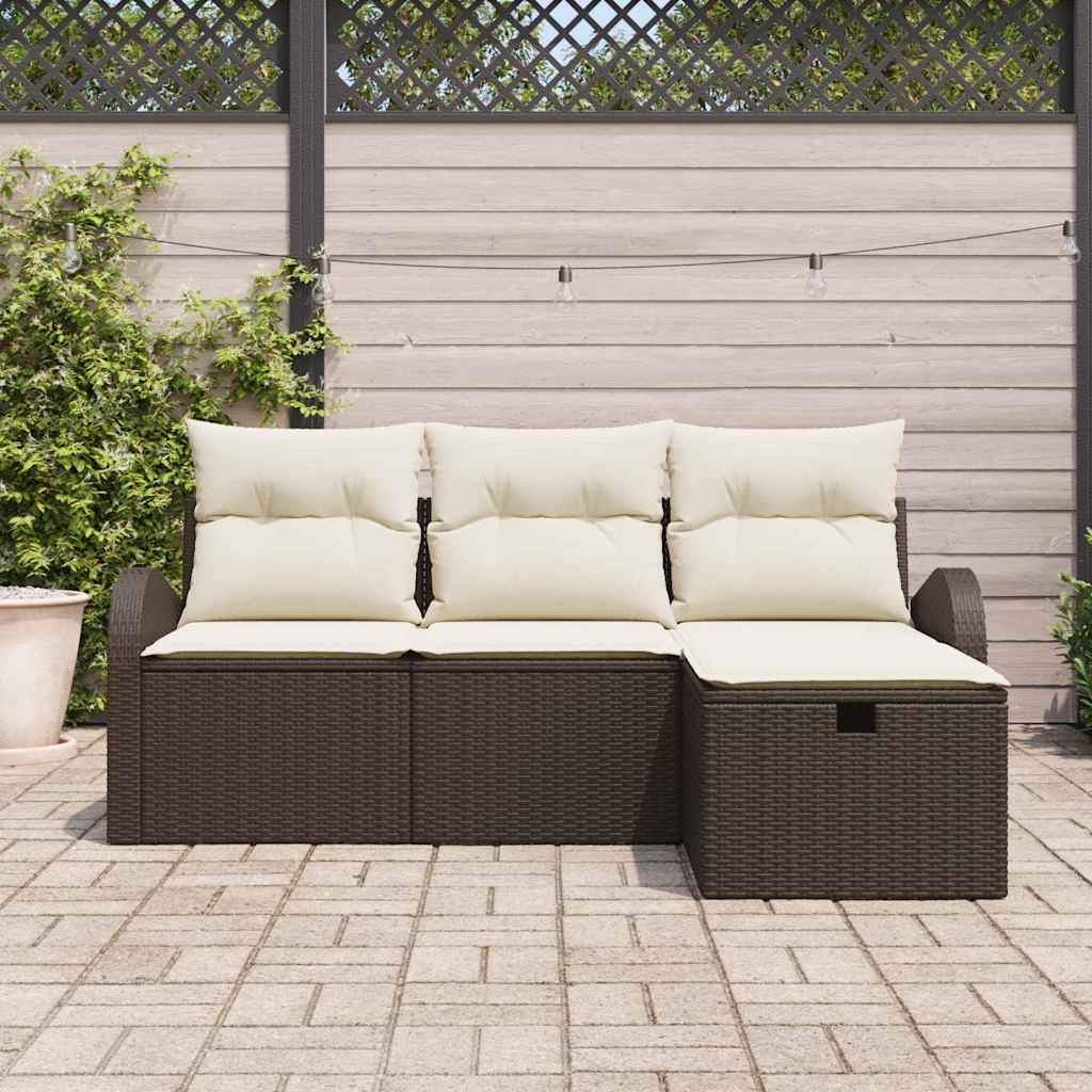 Sofa Set mit Kissen 4 pcs Braun und Creme Poly-Rattan