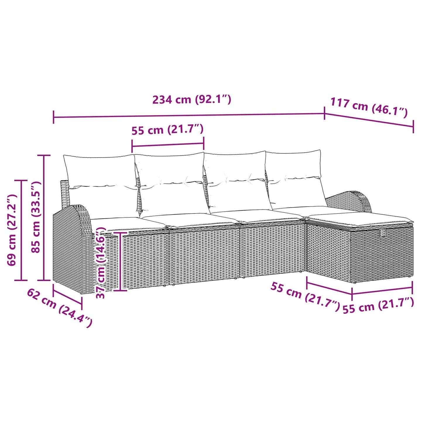 Sofa Set mit Kissen mit Speicher Hellgrau Poly-Rattan