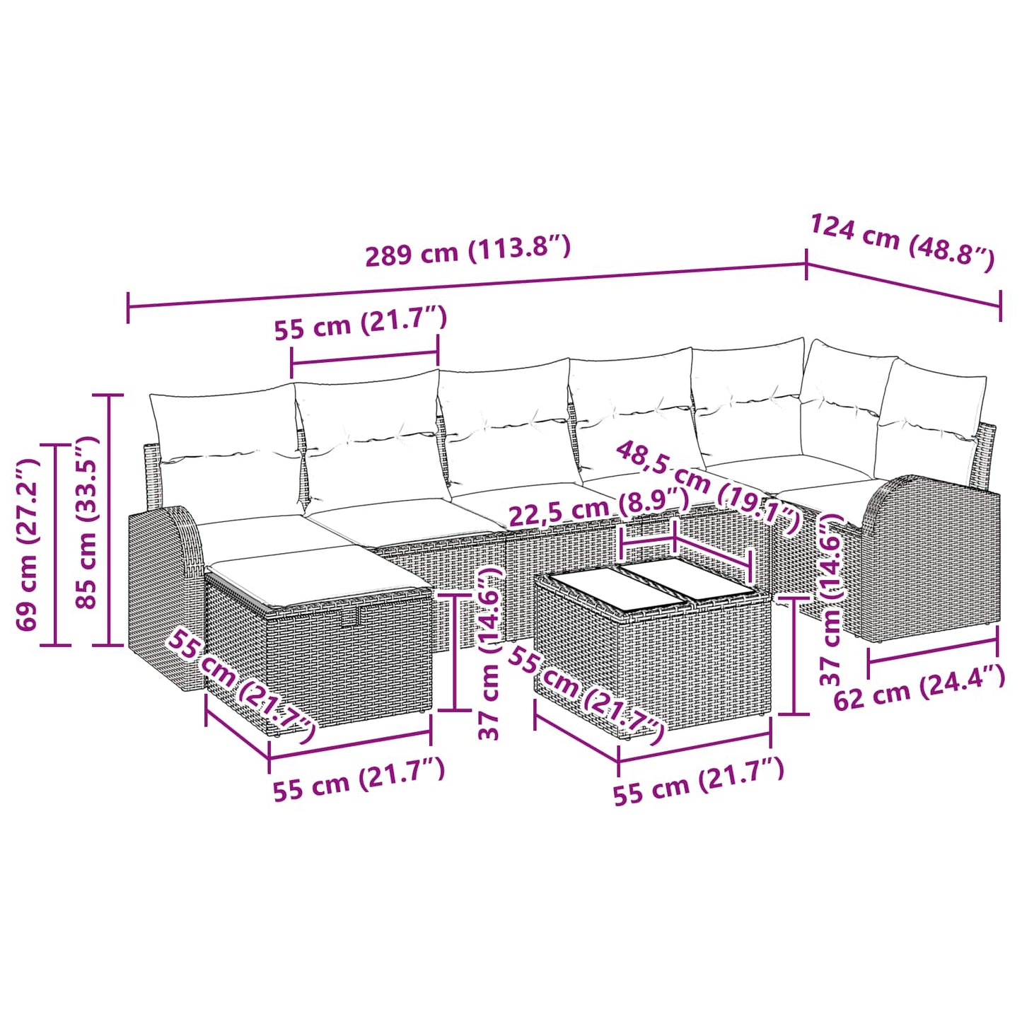 Sofa Set mit Kissen 8 pcs Braun und Rot Poly-Rattan