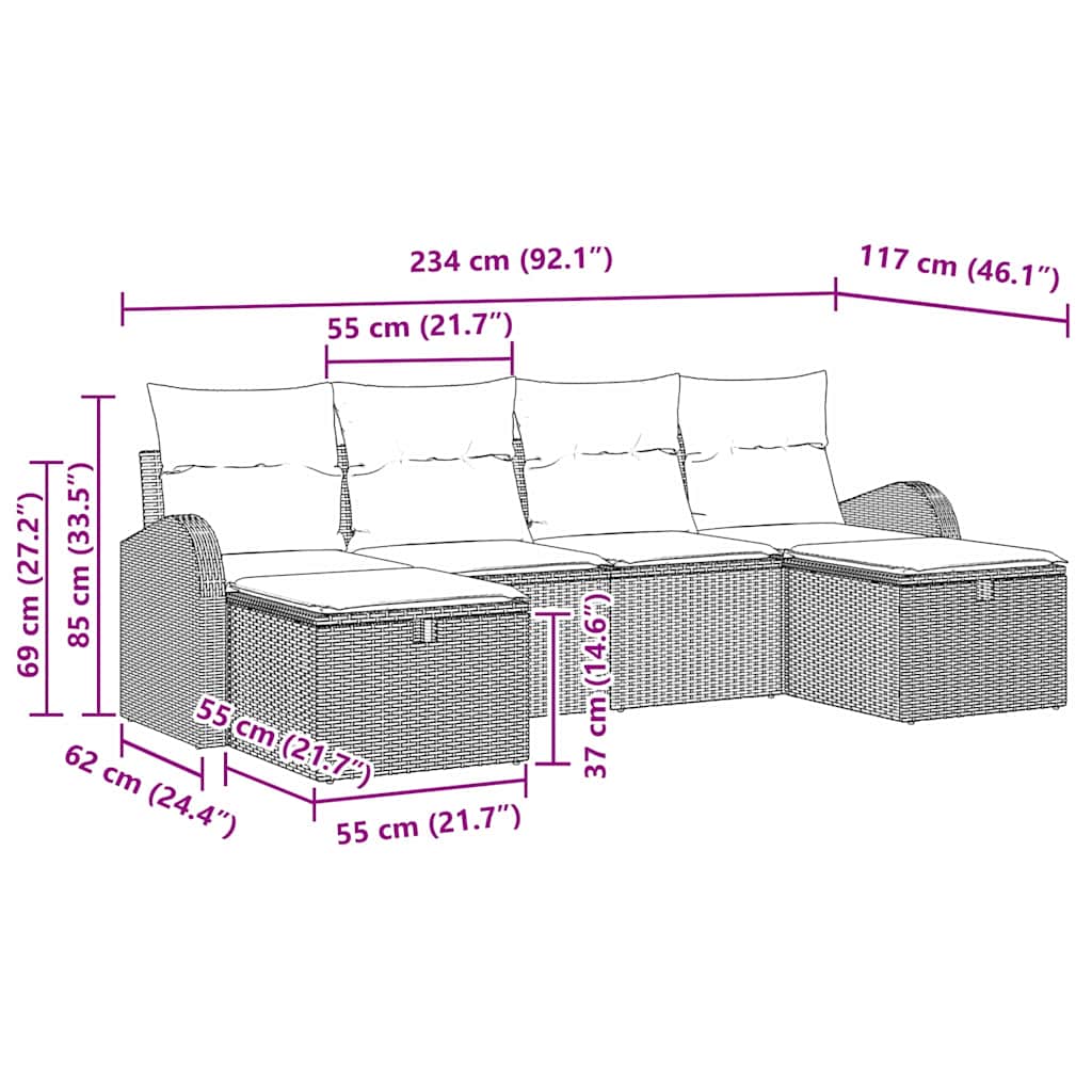 Sofa Set mit Kissen 6 pcs Braun und Creme Poly-Rattan