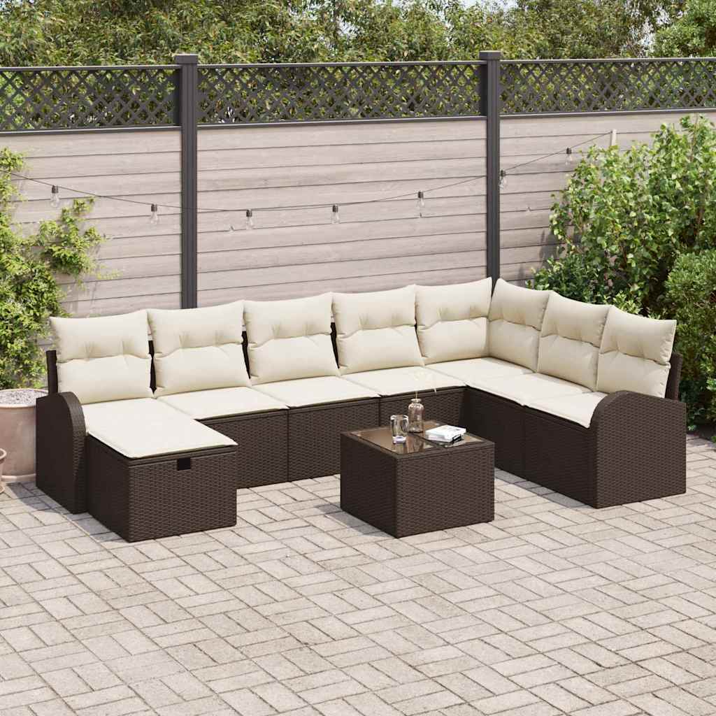 Sofa Set mit Kissen 9 pcs Braun und Creme Poly-Rattan