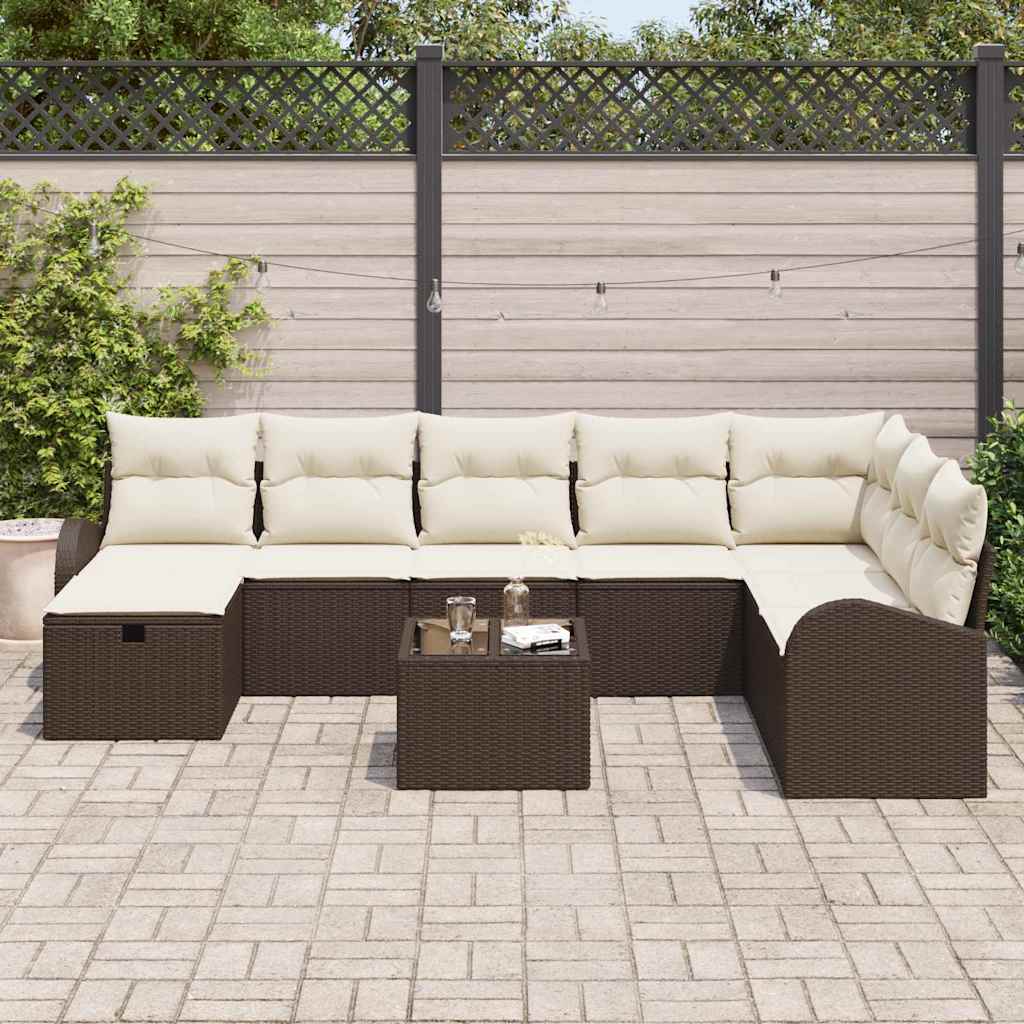 Sofa Set mit Kissen 9 pcs Braun und Creme Poly-Rattan