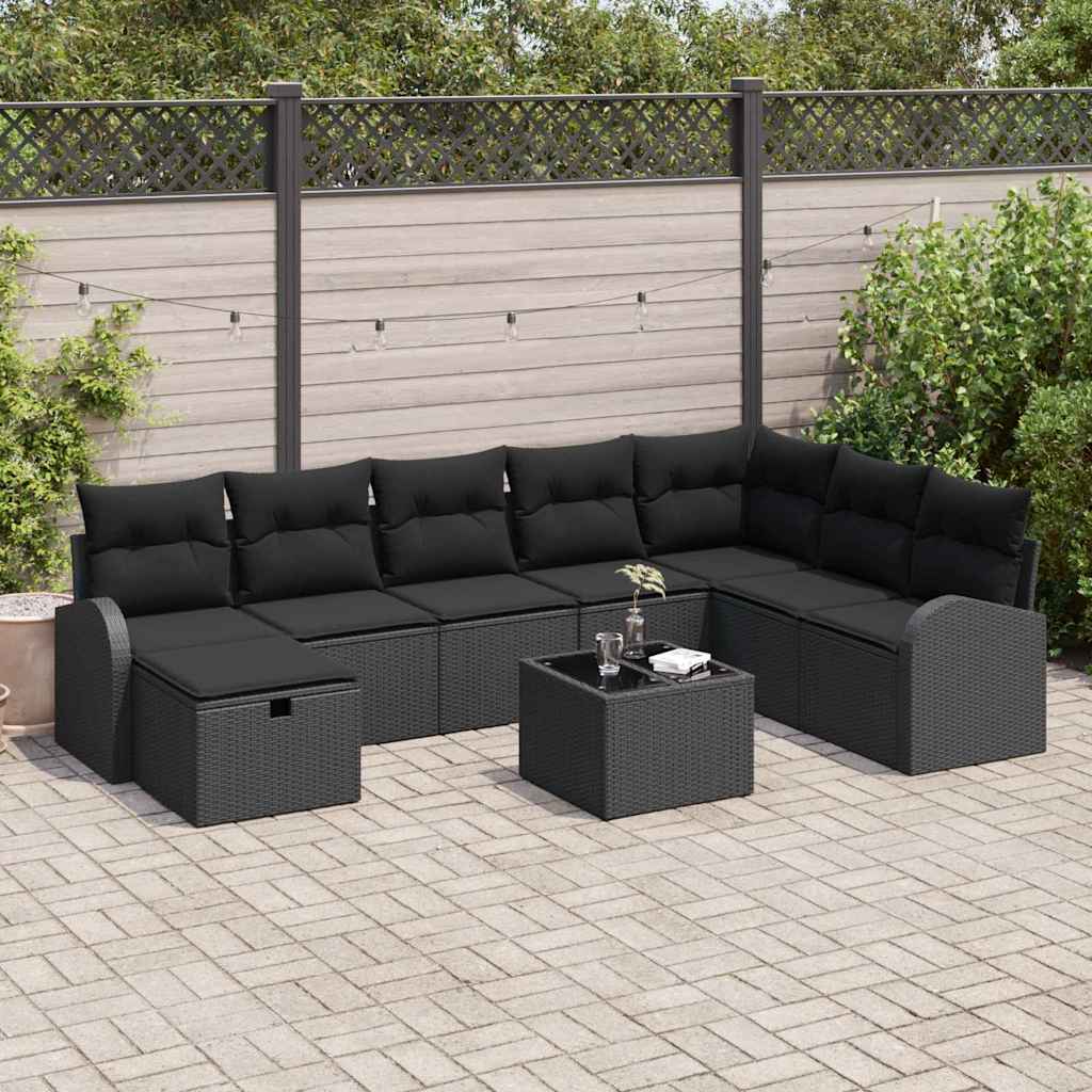Sofa Set mit Kissen mit Speicher 9 pcs Schwarz Poly-Rattan