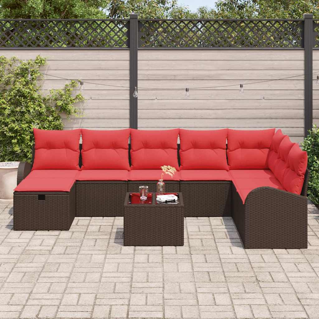 Sofa Set mit Kissen 9 pcs Braun und Rot Poly-Rattan