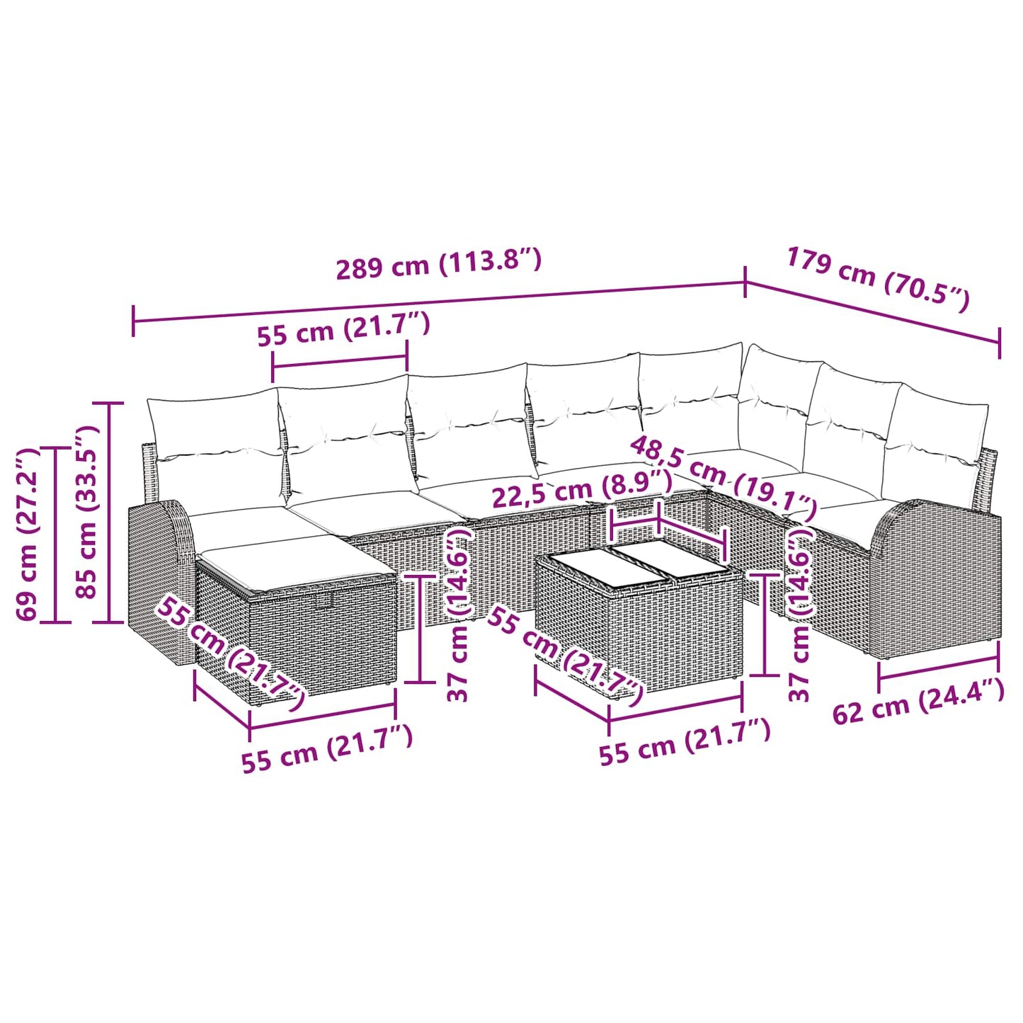 Sofa Set mit Kissen 9 pcs Braun und Rot Poly-Rattan