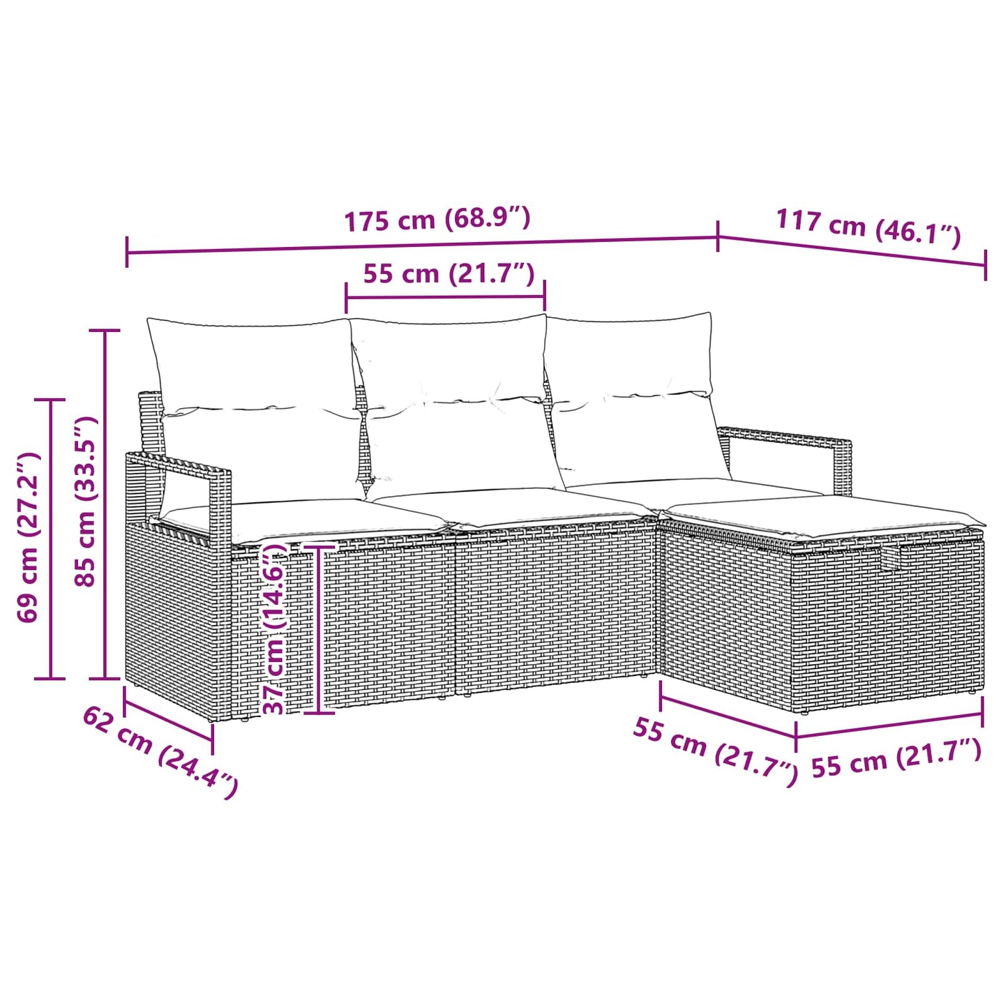 Sofa Set mit Kissen 4 pcs Grau und Marineblau Poly-Rattan
