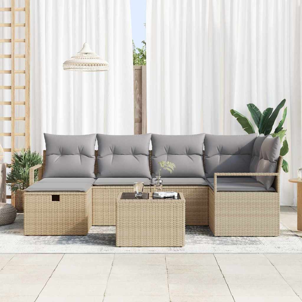 Sofa Set mit Kissen 7 pcs Beige und Hellgrau Poly-Rattan