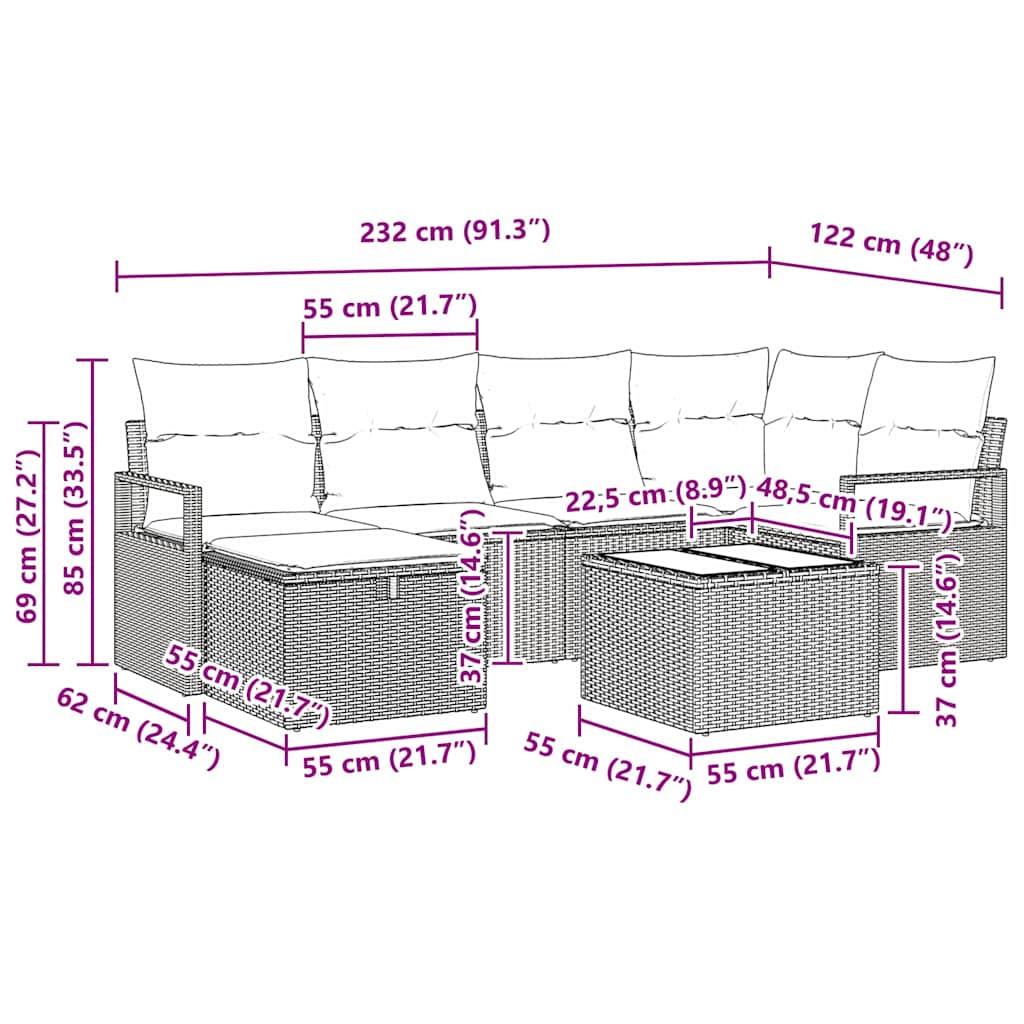 Sofa Set mit Kissen 7 pcs Beige und Creme Poly-Rattan