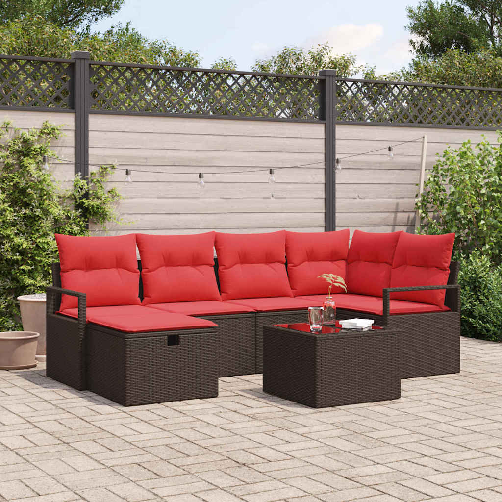 Sofa Set mit Kissen 7 pcs Braun und Rot Poly-Rattan