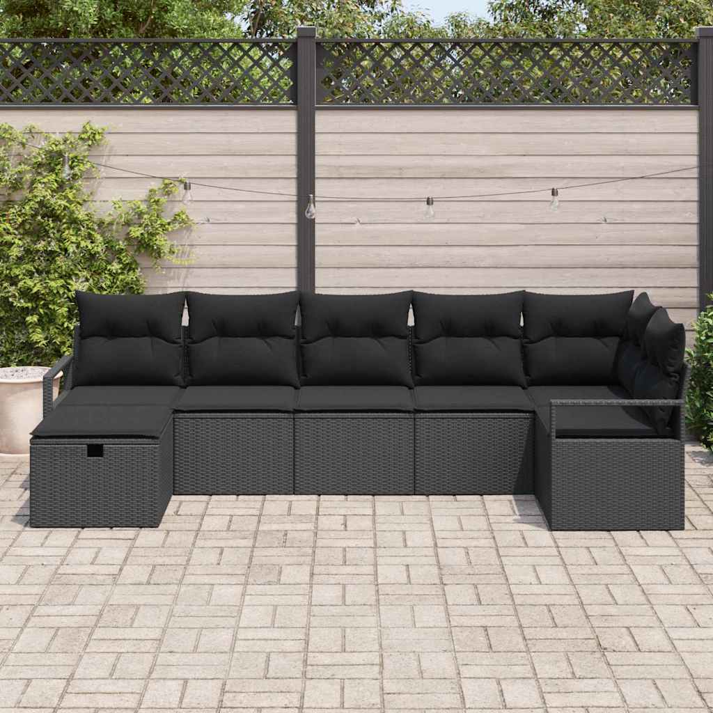 Sofa Set mit Kissen mit Speicher 7 pcs Schwarz Poly-Rattan