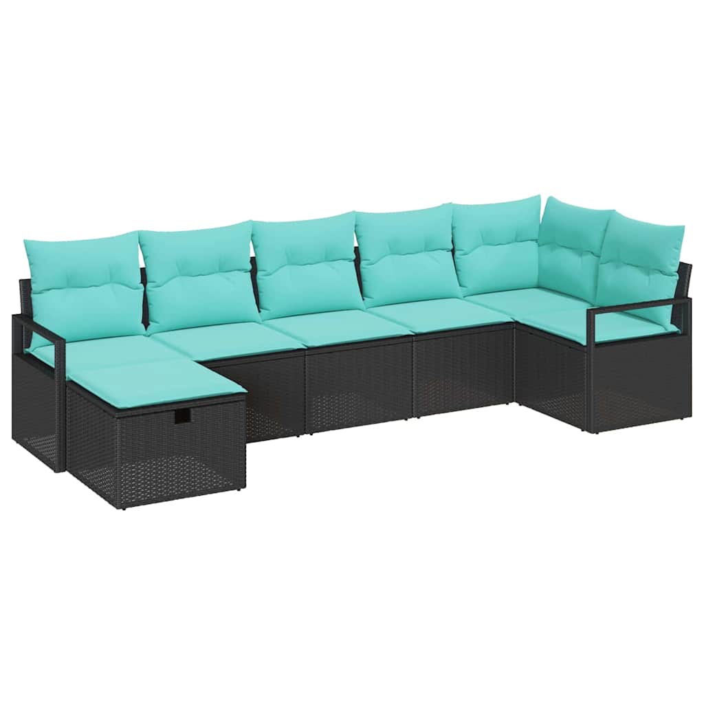 Sofa Set mit Kissen 7 pcs Schwarz und Türkis Poly-Rattan