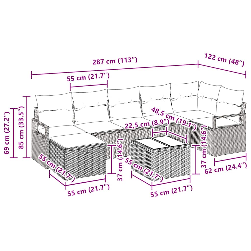 Sofa Set mit Kissen 8 pcs Beige und Creme Poly-Rattan