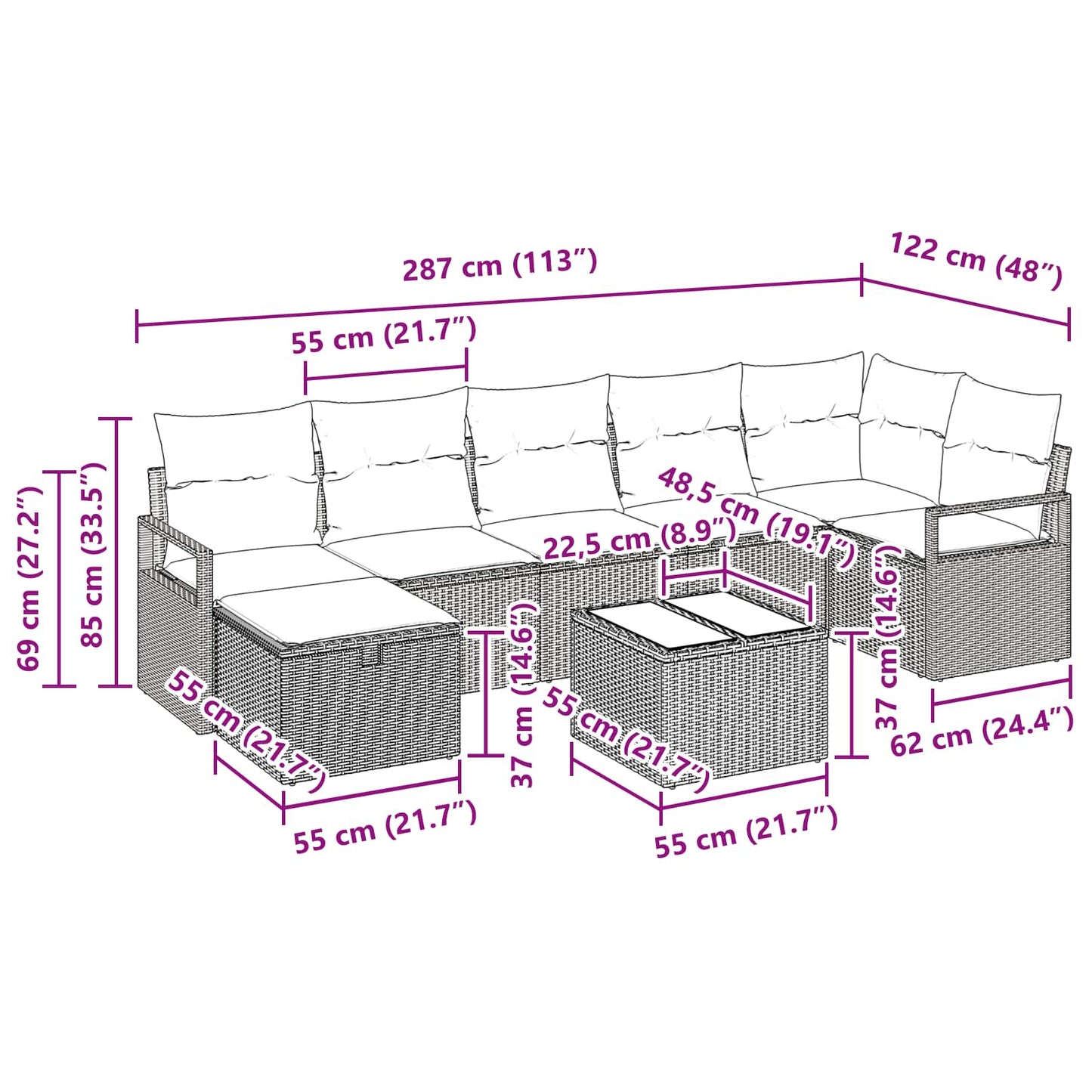 Sofa Set mit Kissen 8 pcs Schwarz und Türkis Poly-Rattan