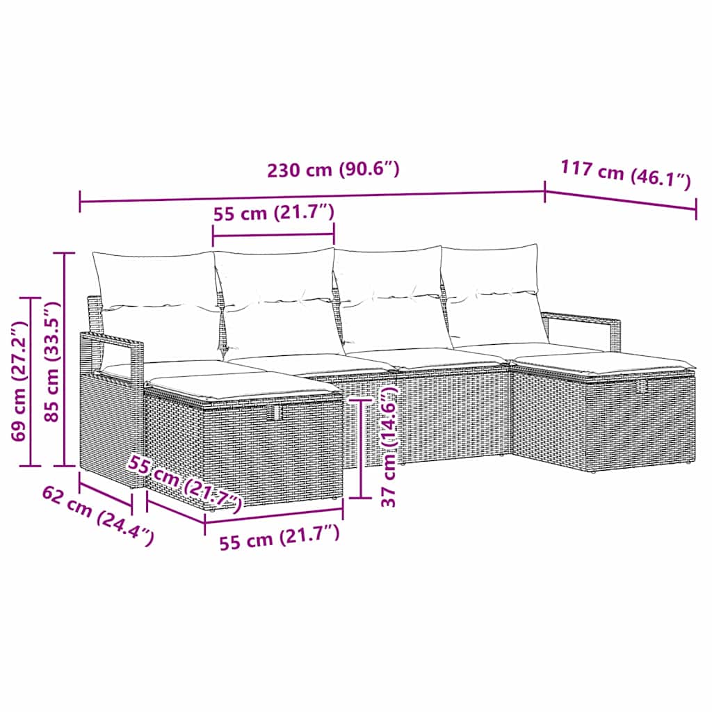 Sofa Set mit Kissen 6 pcs Braun und Creme Poly-Rattan
