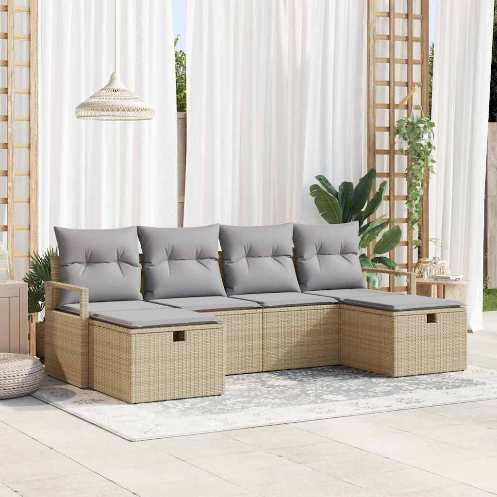 Sofa Set mit Kissen 6 pcs Beige und Hellgrau Poly-Rattan