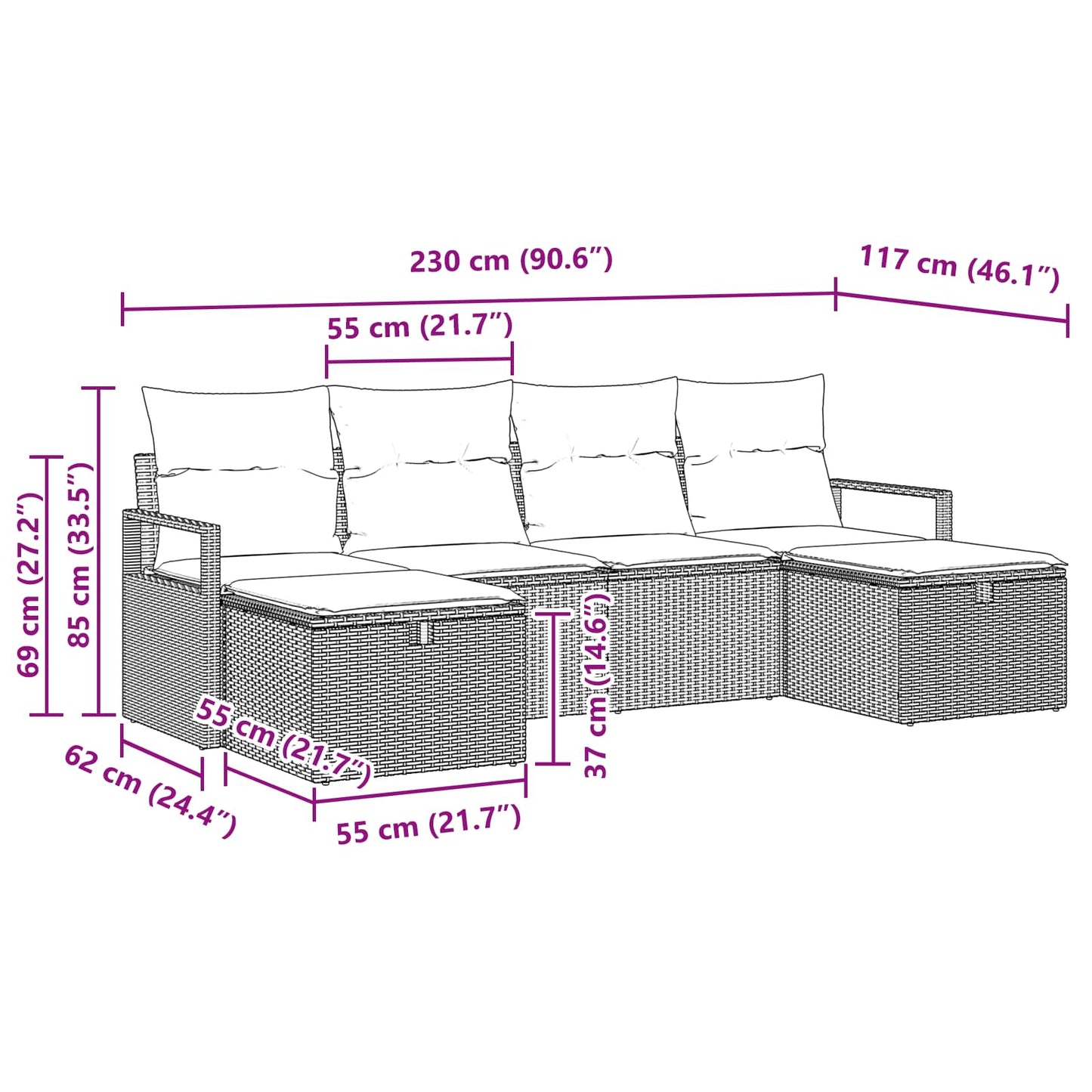 Sofa Set mit Kissen 6 pcs Braun und Rot Poly-Rattan