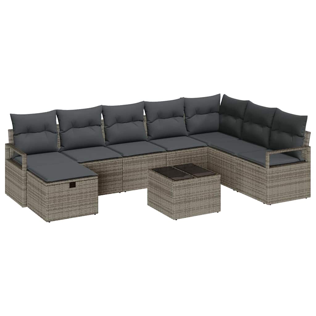 Sofa Set mit Kissen mit Speicher 9 pcs Grau Poly-Rattan