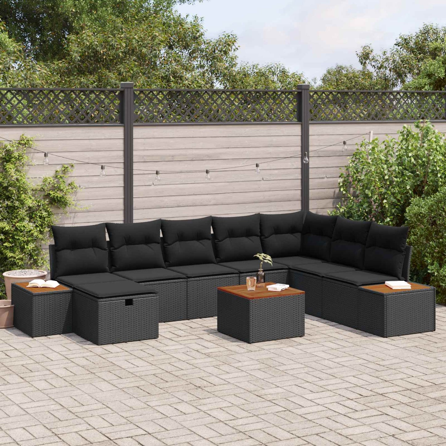 Garten-Sofa-Set mit Kissen 9 pcs Schwarz Poly Rattan