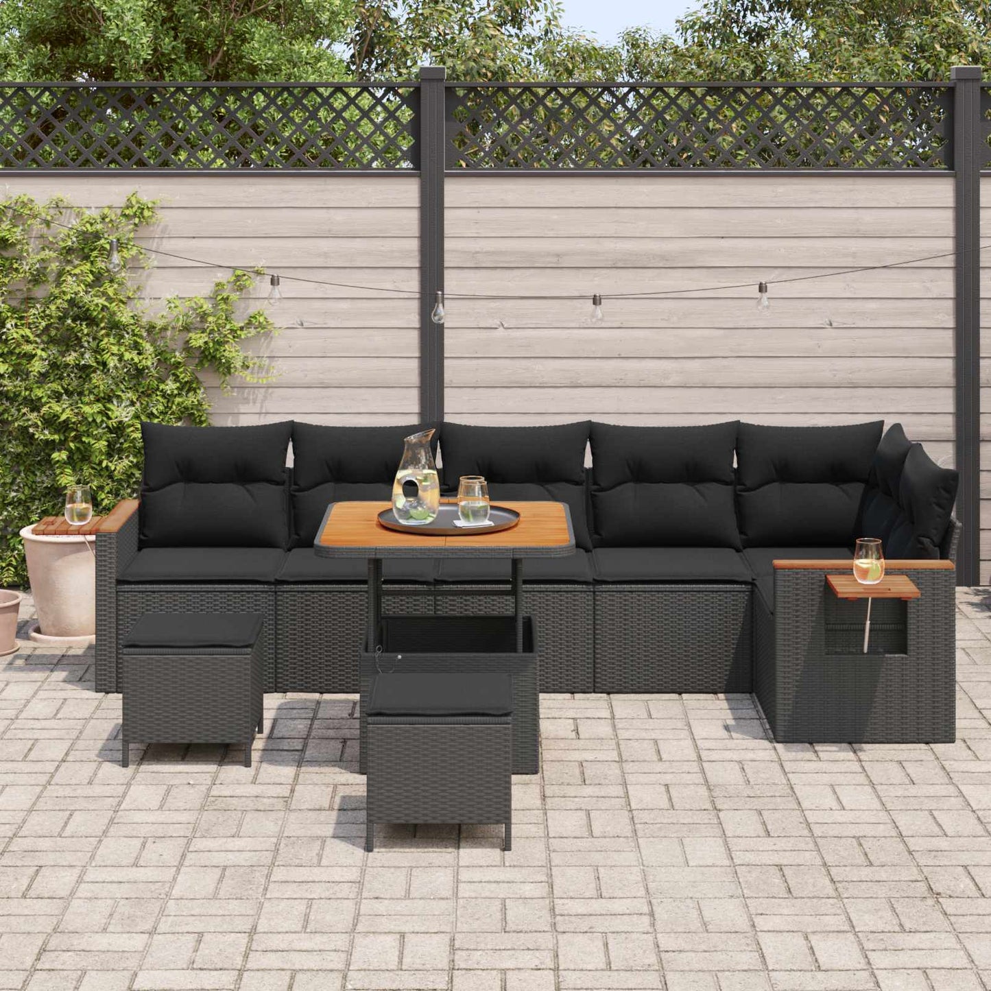 Gartensofa-set mit Kissen 9 pcs Schwarz