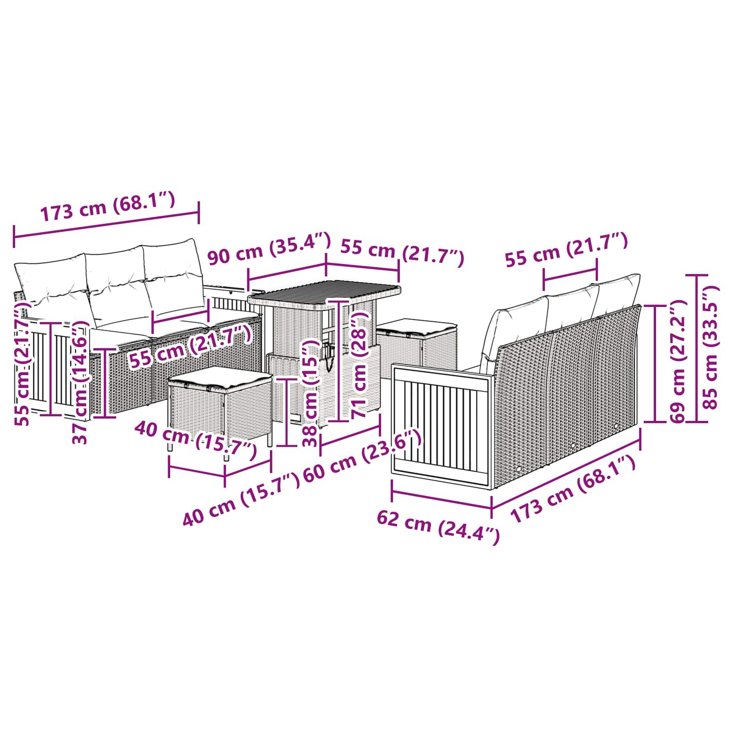 Gartensofa-set mit Kissen 9 pcs Schwarz