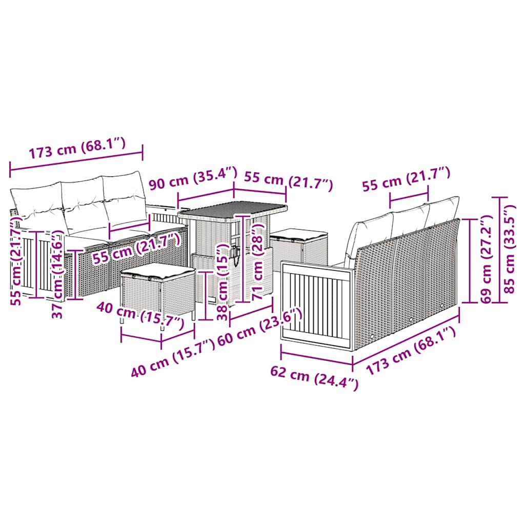 Gartensofa-set mit Kissen 9 pcs Beige und Hellgrau