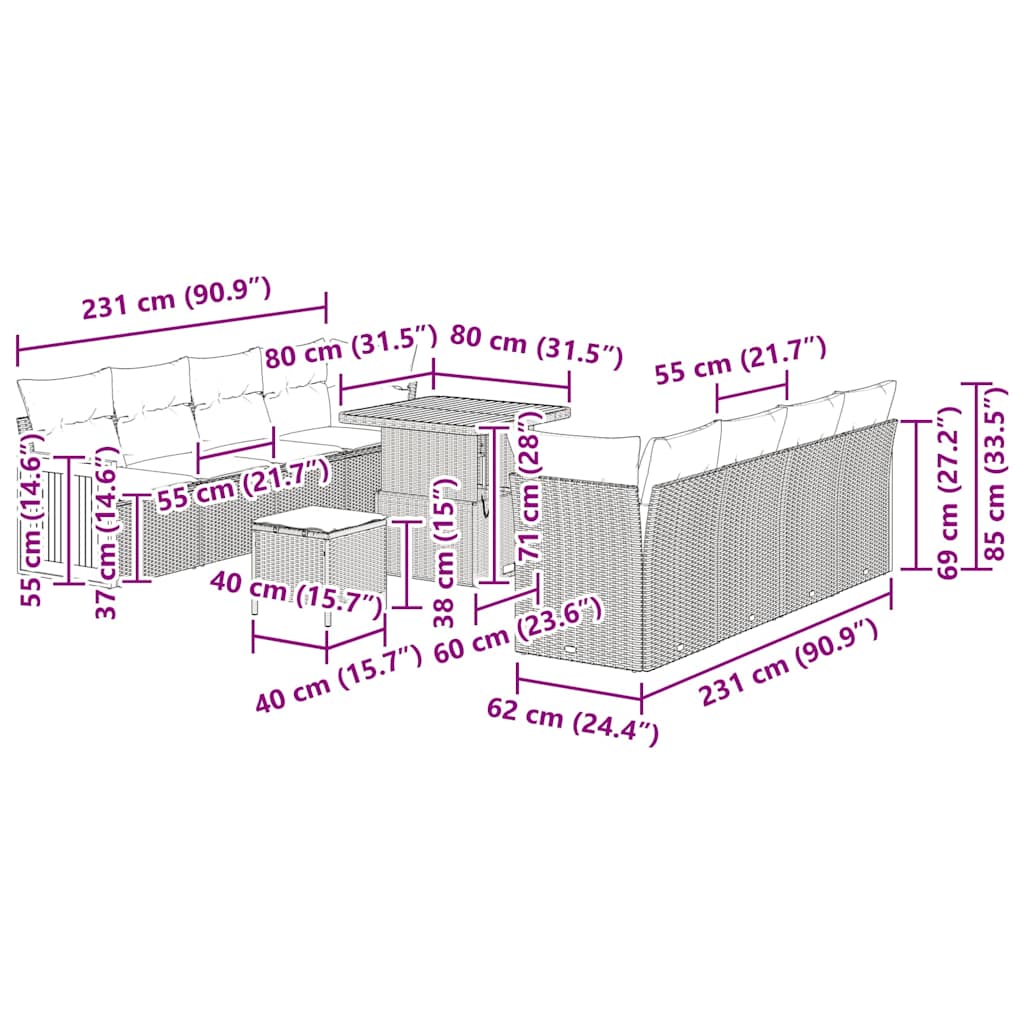 Gartensofa-set mit Kissen 11 pcs Beige und Hellgrau