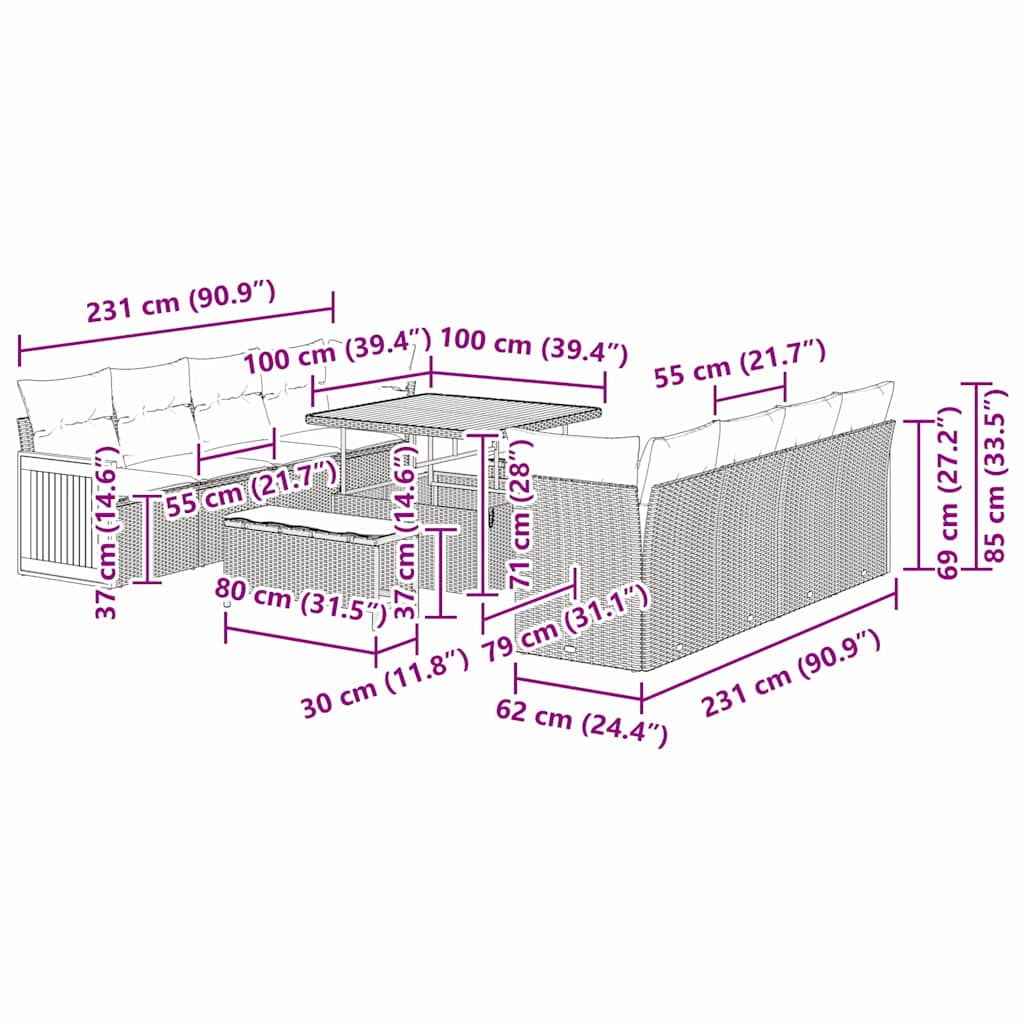Gartensofa-set mit Kissen 11 pcs Grau