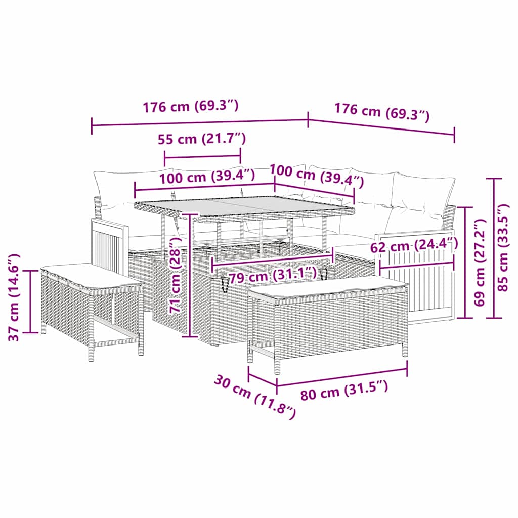 Gartensofa-set mit Kissen 8 pcs Grau