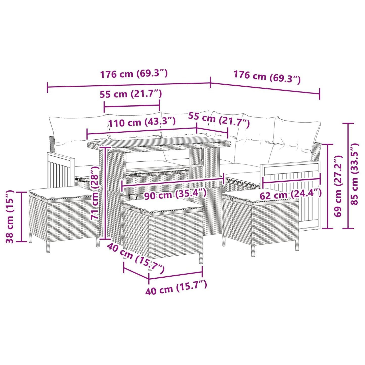 Gartensofa-set mit Kissen 9 pcs Schwarz