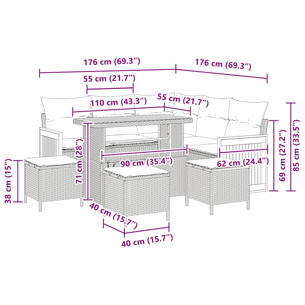 Gartensofa-set mit Kissen 9 pcs Grau