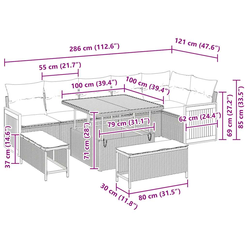 Gartensofa-set mit Kissen 9 pcs Grau