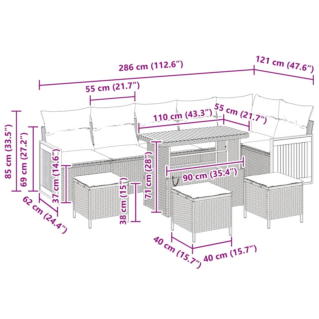 Gartensofa-set mit Kissen 10 pcs Beige und Hellgrau