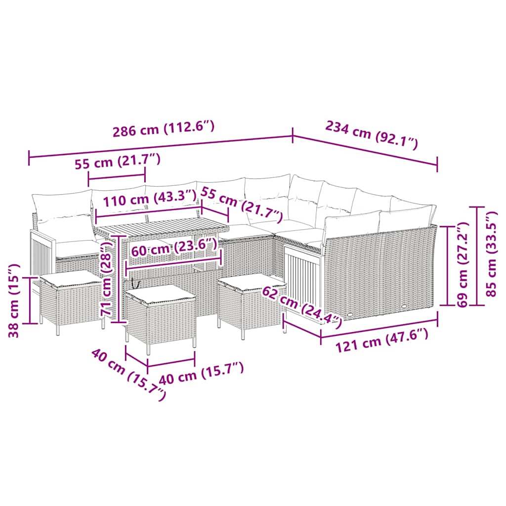 Gartensofa-set mit Kissen 13 pcs Beige und Creme