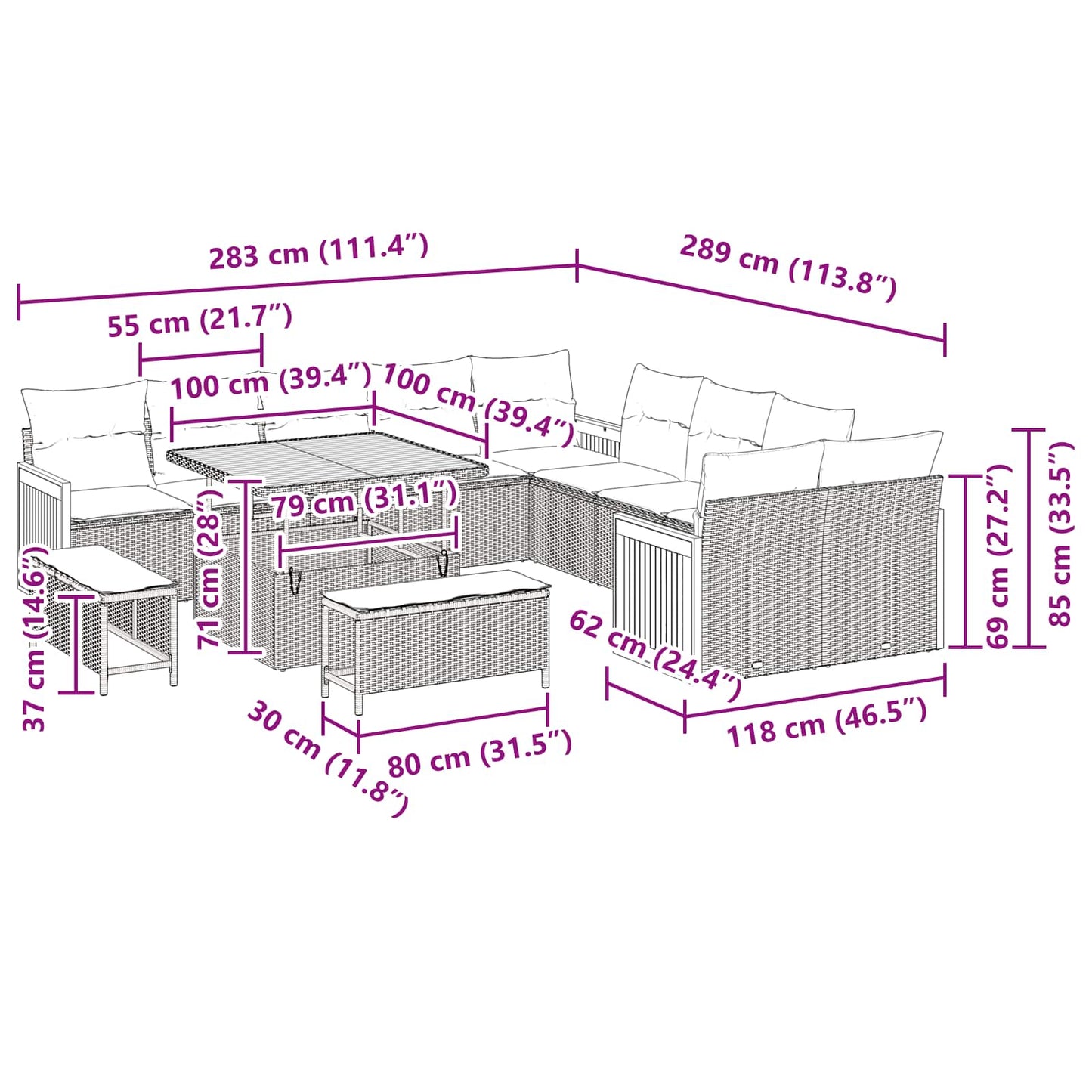 Gartensofa-set mit Kissen 13 pcs Schwarz