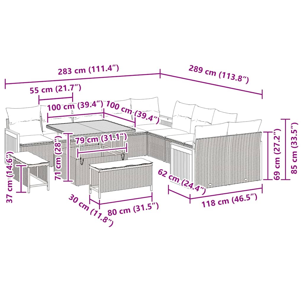 Gartensofa-set mit Kissen 13 pcs Grau