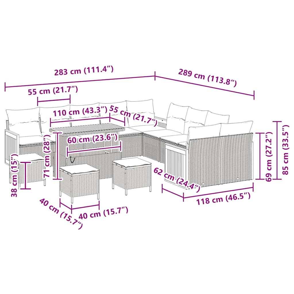 Gartensofa-set mit Kissen 14 pcs Grau