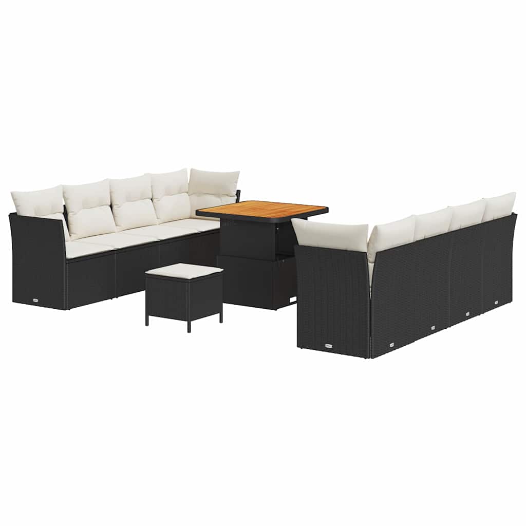 Gartensofa-set mit Kissen 11 pcs Schwarz und Creme Poly-Rattan