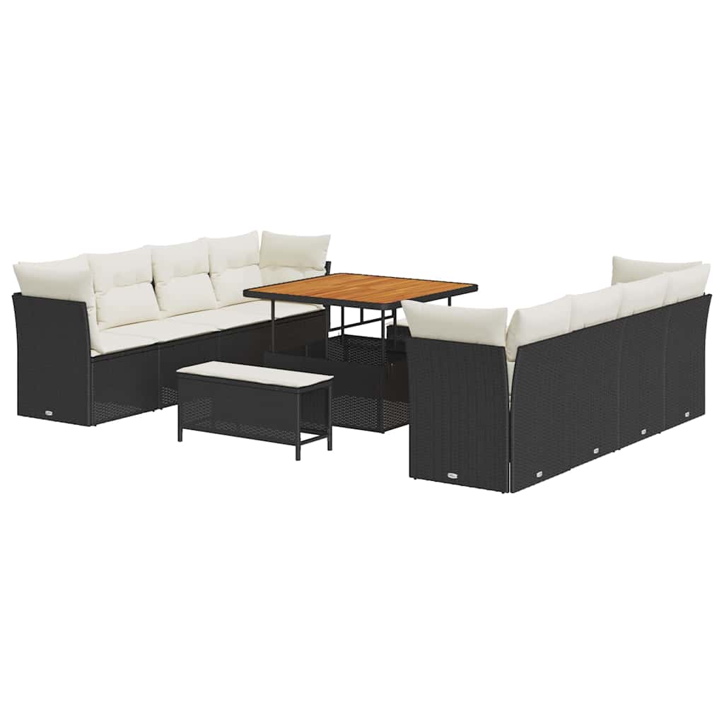Gartensofa-set mit Kissen 11 pcs Schwarz und Creme Poly-Rattan