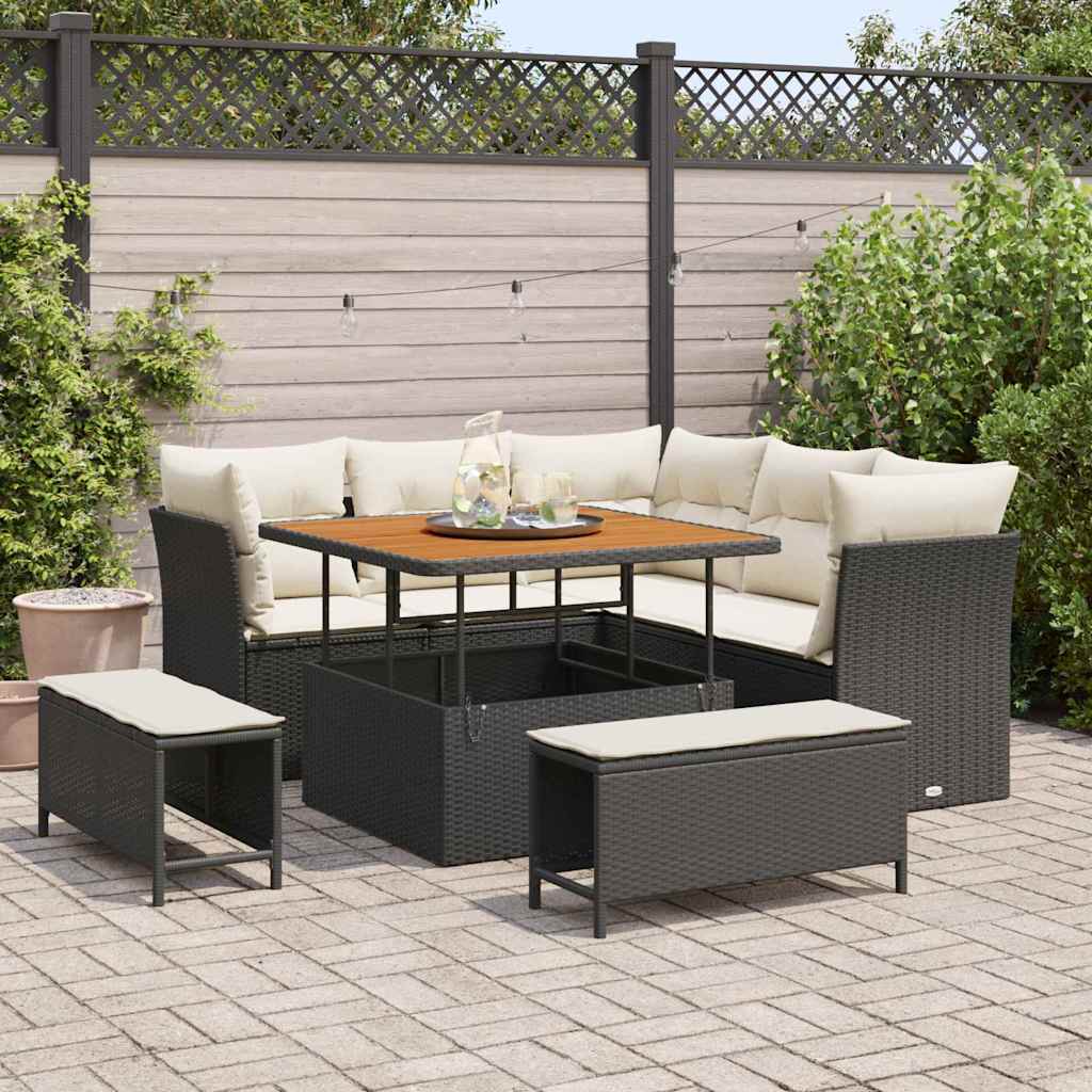 Garten-Sofa-Set mit Kissen mit Speicher 8 pcs Schwarz und Creme