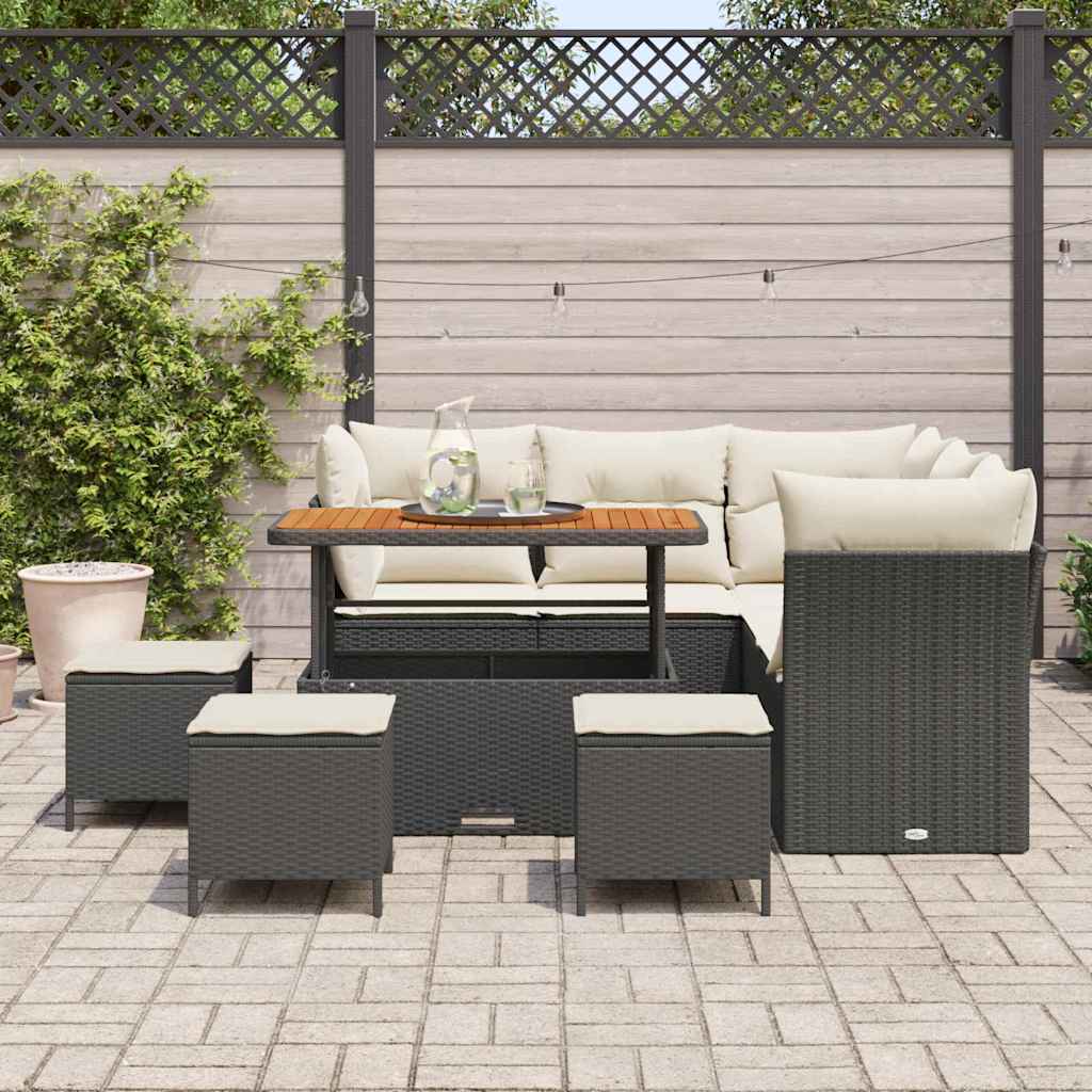 Garten-Sofa-Set mit Kissen mit Speicher 9 pcs Schwarz und Creme