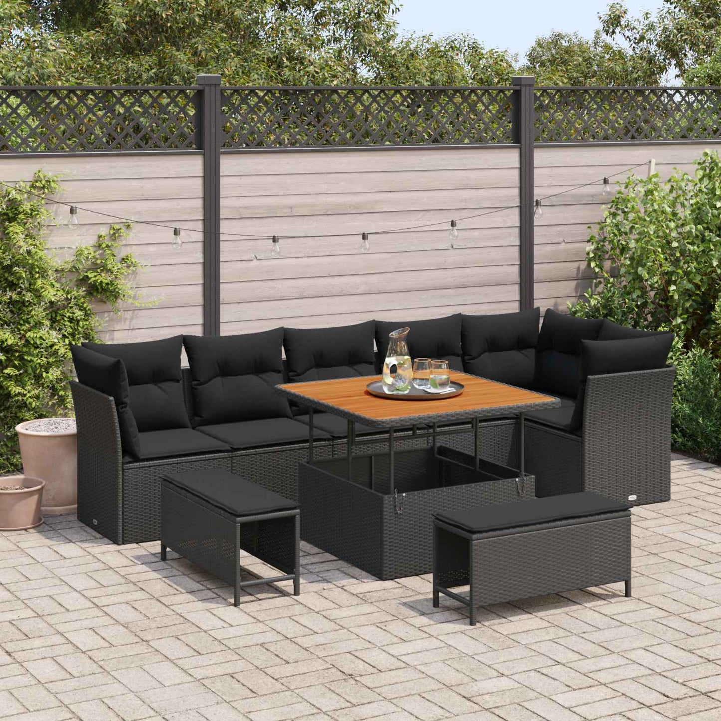 Garten-Sofa-Set mit Kissen mit Speicher 9 pcs Schwarz