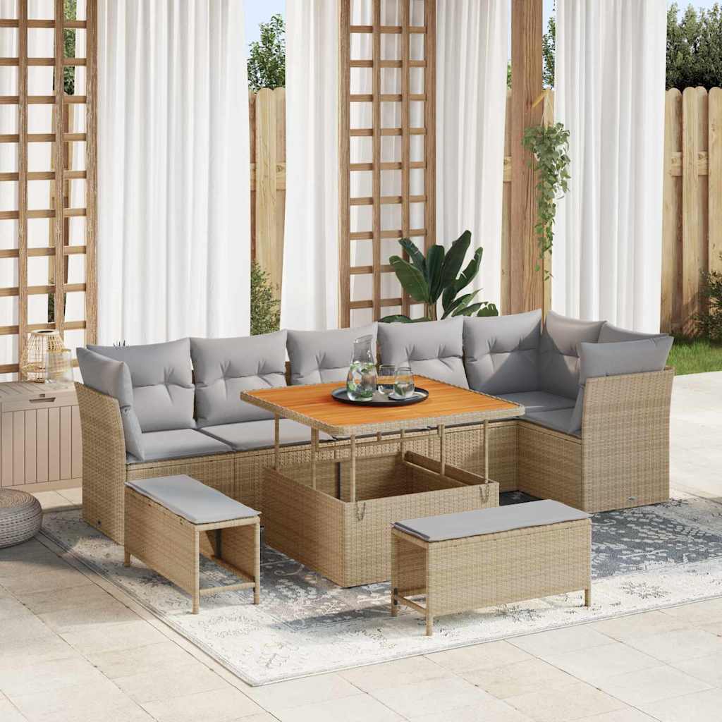 Garten-Sofa-Set mit Kissen 9 pcs Beige und Hellgrau