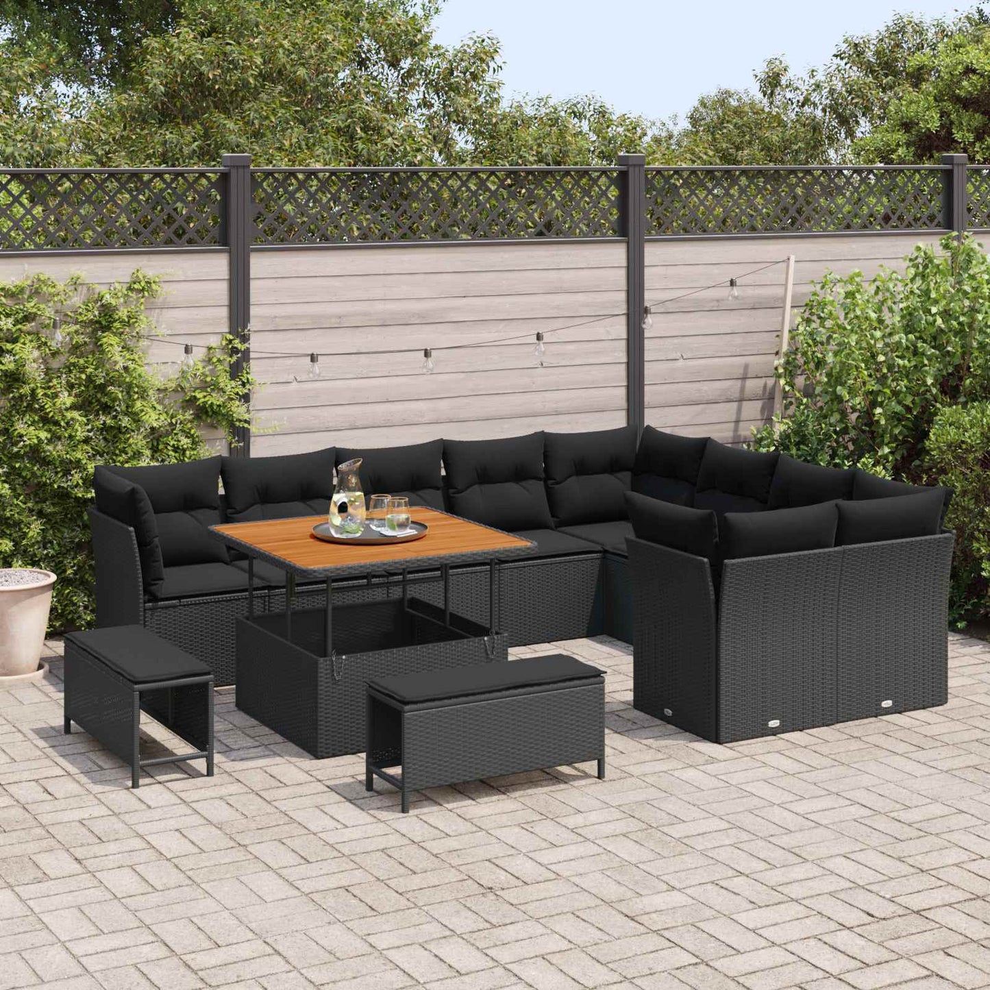 Garten-Sofa-Set mit Kissen mit Speicher 12 pcs Schwarz