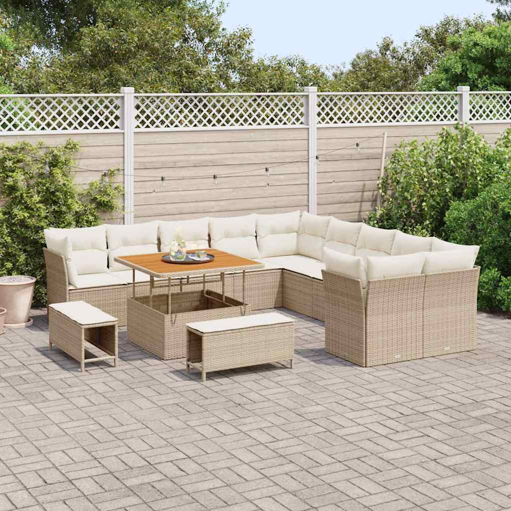 Gartensofa-set mit Kissen 13 pcs Beige und Creme Poly-Rattan