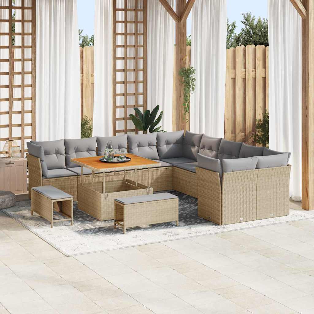 Gartensofa-set mit Kissen 13 pcs Beige und Hellgrau Poly-Rattan