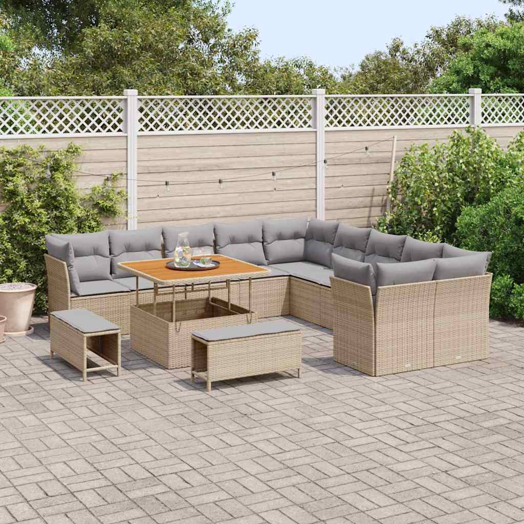 Gartensofa-set mit Kissen 13 pcs Beige und Hellgrau Poly-Rattan
