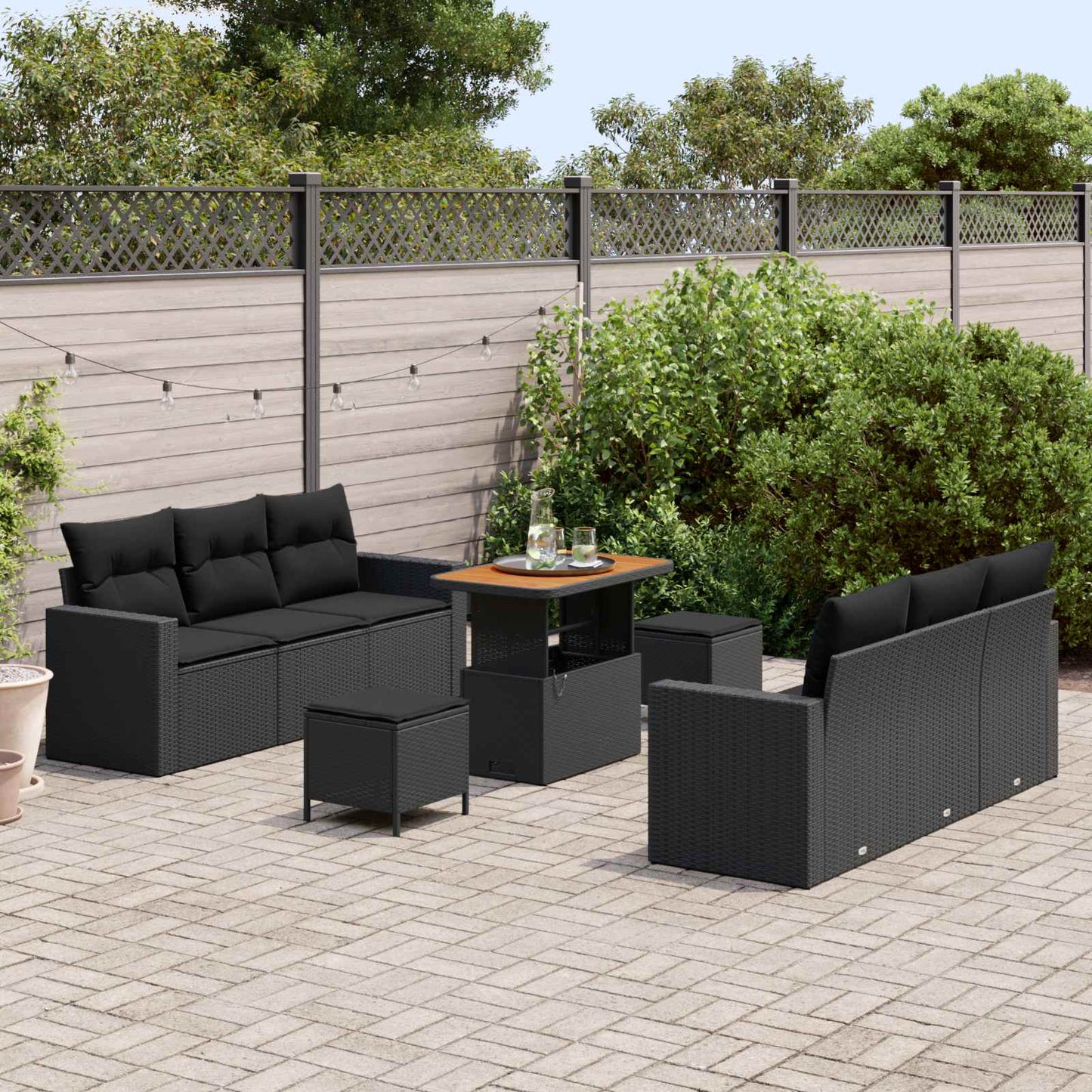 Garten-Sofa-Set mit Kissen mit Speicher 9 pcs Schwarz